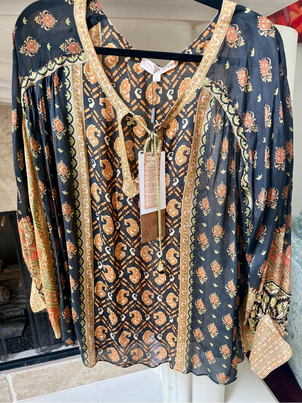 Ritu Kumar Black and Rust Floral Print Peasant Blouse